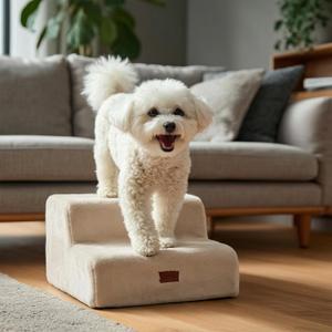 PETNOVO Ultra-Soft Faux Fur Dog Stairs for Couch and Sofa, 2-Step Dog Steps for Small Dogs, Non-Slip Foam Pet Stairs, Washable Cover, 15.7" D x 15.7" W x 11.8" H, Off-White