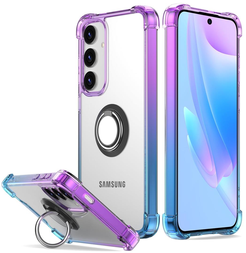 DAUPIN for Galaxy S25 Case Clear with 360 Rotation Metal Ring Holder Stand, Support Magnetic Car Phone Mount Soft TPU Bumper PC Hard Protective Phone Case for Samsung S25 5G (Purple Blue)