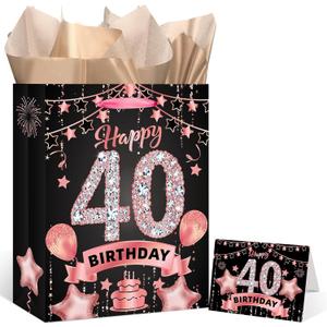 Rumia Rose Gold 40th Birthday Gift Bag with Happy 40th Birthday Greeting Card and Tissue Paper for Women Rose Gold 40 Years Old Gift Wrap Bag for Christmas 40 Bday Party Decorations Supplies