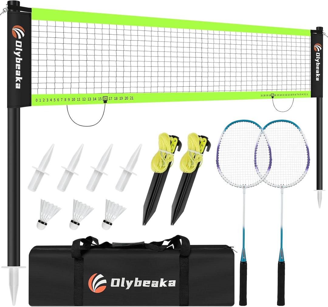 12ft Badminton Net Set for Backyard Beach with Durable Anti-Sagging Net, Heavy Duty Poles, 2 Aluminum Badminton Rackets, 3 Shuttlecocks, Carry Bag - Easy Setup & High Stable (Black)