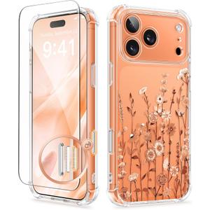 GVIEWIN for iPhone 17 Pro Case with Screen Protector, Upgraded [Full Camera Protection] [Non Yellowing] Floral Slim Shockproof Clear Women Phone Cover for iPhone 17 Pro 6.3" (Floratopia/Orange)