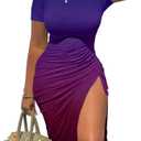 GOKATOSAU Women's Sexy Bodycon Short Sleeve Slit Ruched Summer Club Party Midi Dress (M)