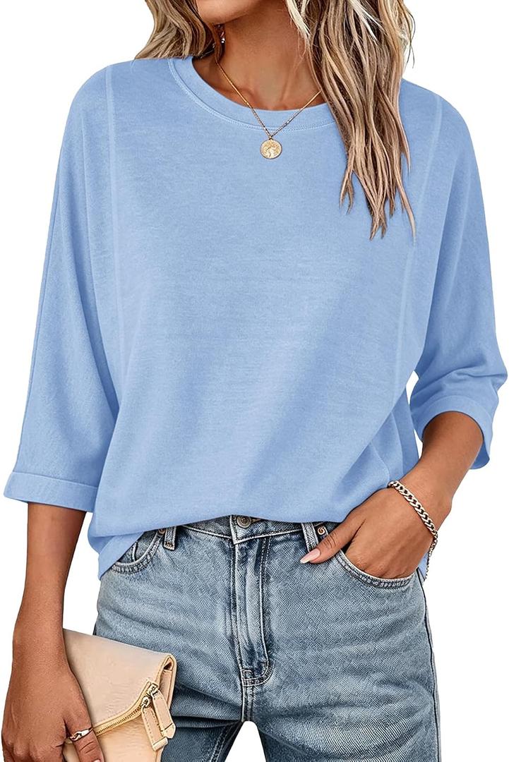 Orchidays Women's Casual 3/4 Sleeve T Shirts Basic Crew Neck Relaxed Fit Summer Tee Tops (Blue, M)