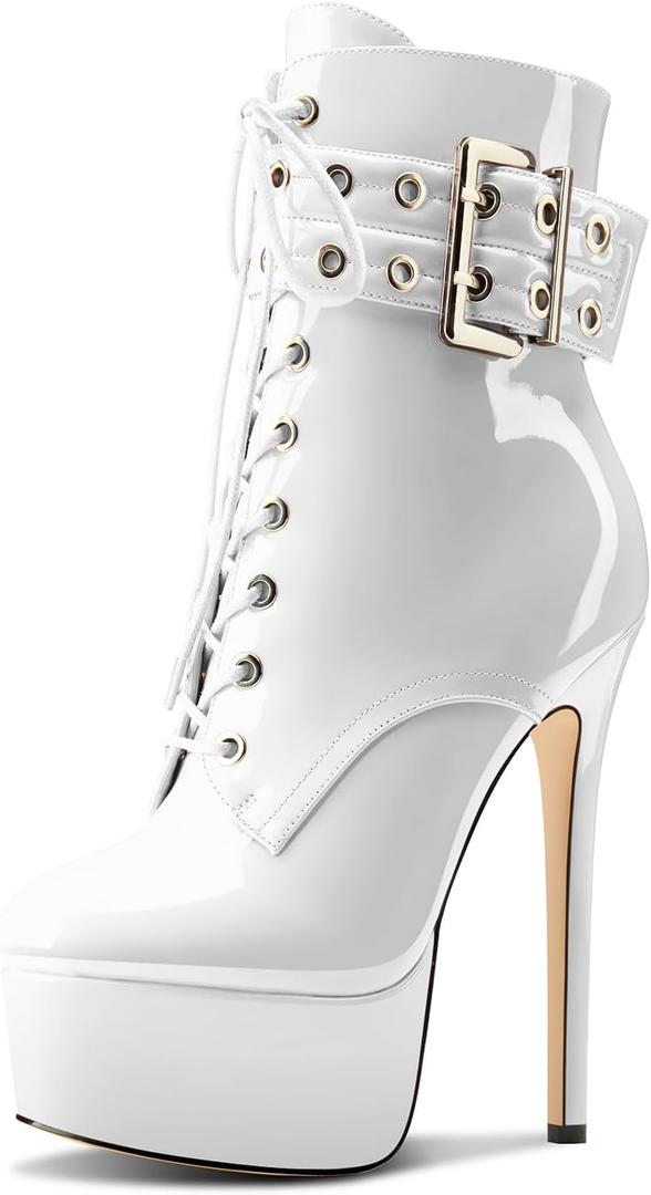 Aachcol Womens Stiletto High Heel Platform Ankle Boots Round Toe Lace-up Zipper Mid Calf Buckle Patent Leather Dress Booties (6, White)