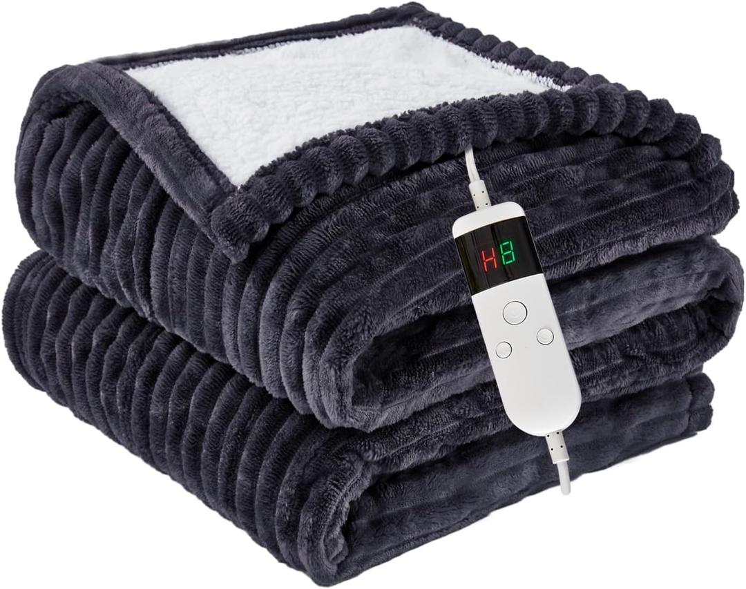Heated Blanket Electric Throw, Soft Flannel Heating Blanket with 8 Hours Auto Off 10 Fast Heating Levels Machine Washable Sherpa Heated Blanket with Overheating Protection