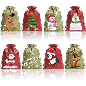 Shappy 16 Pcs Christmas Burlap Bags with Drawstrings, 6 x 8in Small Christmas Gift Bags Baskets for Xmas Presents Holiday Party Favors Supplies, Mini Linen Treats Candy Sacks(Classic Style)