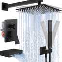 KES Shower System with Tub Spout, Matte Black Shower Faucet Set Complete 10 Inch Rain Shower Head with Handheld Spray and Waterfall Bathtub, cUPC Pressure Balance Shower Valve Trim Kit, XB6305F18-BK