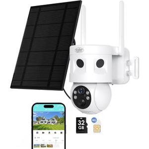 4G LTE Cellular Security Camera 180°Automatic Intrusion Detection and 360°Panoramic View Home and Outdoor Security Camera with Solar Panel, 2K Video Illumination at Night-4G-New