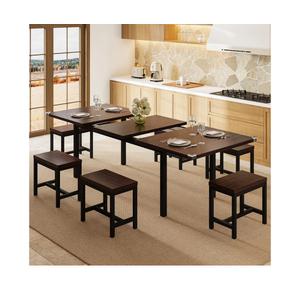 7-Piece Dining Table Set, 63" Extendable Kitchen Room Table with 6 Stools, Mid Century Modern Dinner Table with Metal Frame & MDF Board, Space-Saving, Easy Assembly, Espresso