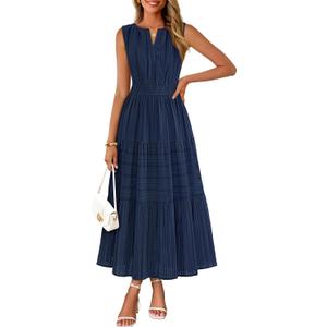 MEROKEETY Womens Summer Casual Midi Maxi Dress 2026 Beach Vacation Sleeveless Boho V Neck Cotton Modest Long Dresses Pockets