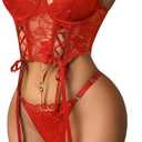 Avidlove Women's Lingerie 4 Piece Garter Lingerie Floral Lace Bra and Panty Sets with Underwire S-XXL (A-ture Red)