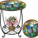 Outdoor Side Table Round Small Mosaic Patio Accent Indoor End Plant Metal Coffee Tea Table for Yard Porch Garden Patio Living Room, Bedroom(Butterfly Style,16 Inch)