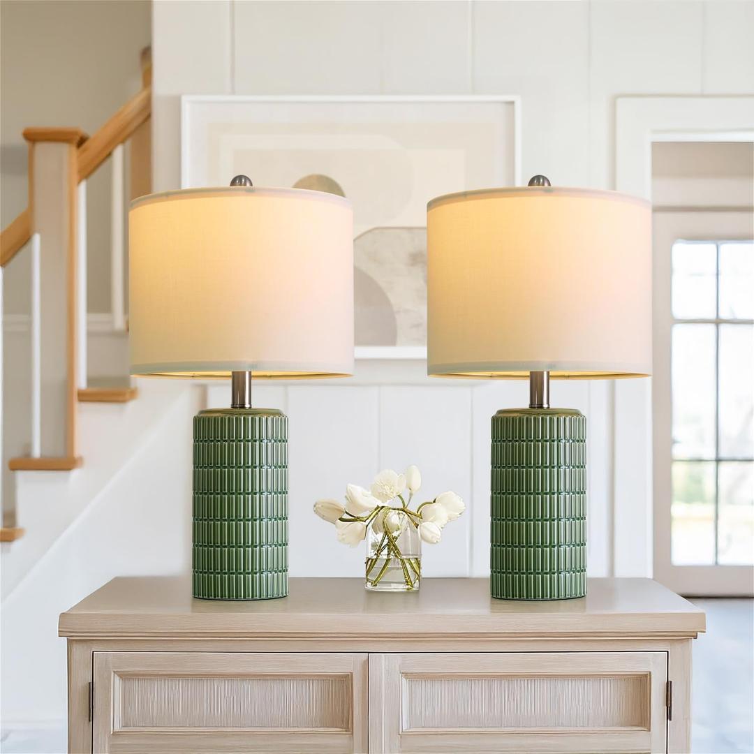 PoKat 20.75" Small Modern Ceramic Table Lamps Set of 2 for Bedroom, Green Bedside Lamps for Night Stands, Farmhouse House Decor Nightstand Table Lamps for Living Room End Table Green