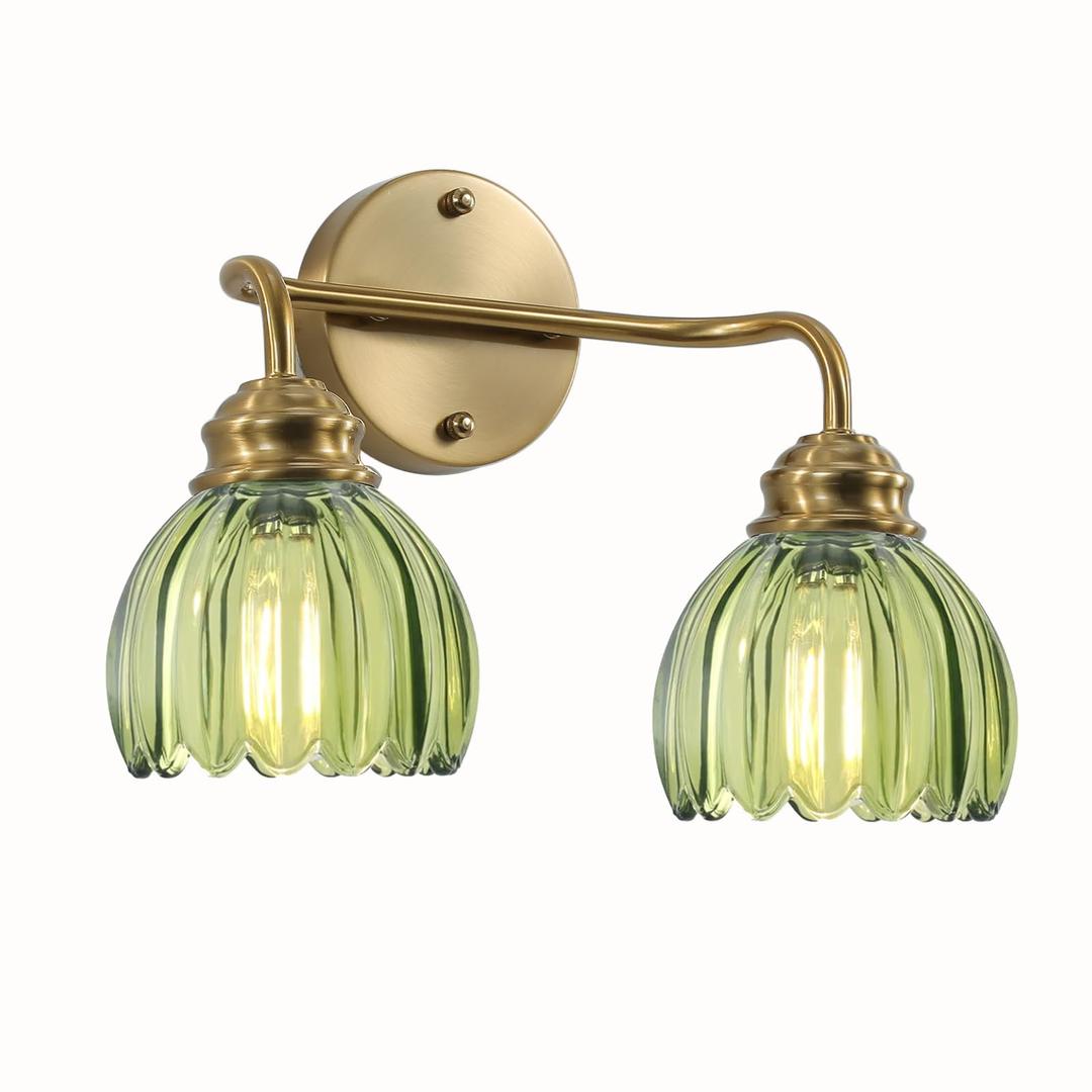 YEPOLI 3 Light Vintage Bathroom Light Fixtures, Gold Bathroom Vanity Light, Brass Finish with GreenTulip Glass Shade, Wall Lighting for Bedroom, Living Room, Hallway,E26 Base