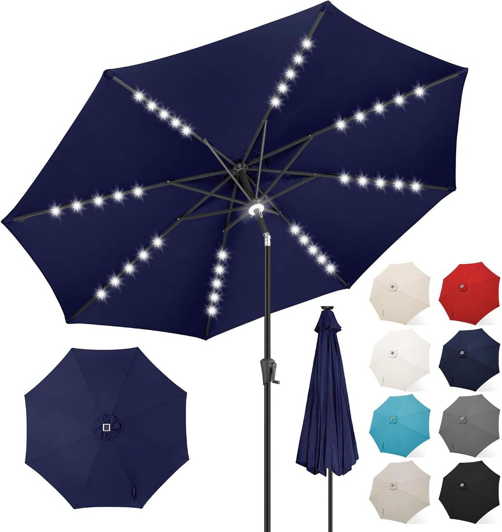 FLAME&SHADE 9 FT outdoor umbrella with 40LED lights, solar light patio umbrella with Centre Surround Light, Table Market Umbrella Outdoor Patiofor Deck, Pool, Backyard, Garden (Navy Blue)