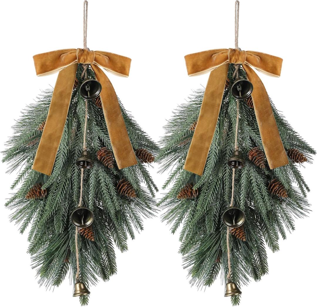 Shihanee 2 Pcs 24" Christmas Teardrop Swag Rustic Door Swag Teardrop Wreath Artificial Norfolk Pine Hanging Garland Greenery with Bell Velvet Bow for Outdoor Mantle Fireplace (Khaki,23.6 Inch)