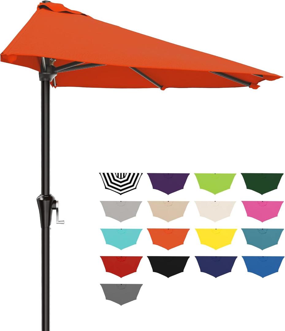 AreShark 9FT Half Patio Umbrella, Outdoor Wall Umbrella with Crank & 5 Sturdy Ribs, Table 1/2 Umbrella Patio for Garden, Deck, Balcony and Pool, Orange
