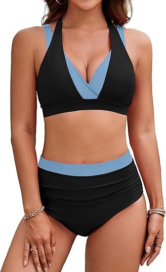 BMJL Women's High Waisted Bikini Sets Tummy Control Swimsuits Two Piece Color Block Modest Bathing Suit, Blue and black, S