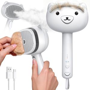 Self Cleaning Shedding Steam Cat Brush, Silicone Scraper Included Dog Brush, primecat, Cat Brushes for Shedding, USB Rechargeable, for Grooming & Haired Pets, Dogs & Cats, White
