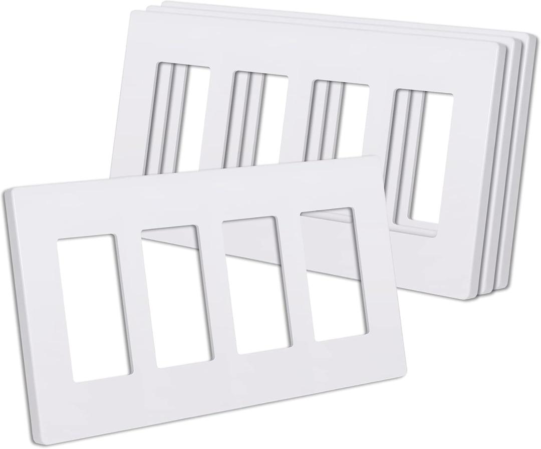 CML 4-Gang Matte White Decorator Screwless Wall Plates, 4 Pack Light Switch Covers, Standard Size 4.68 X 8.34, Scratch and Impact Resistant, Hidden Screws, Polycarbonate