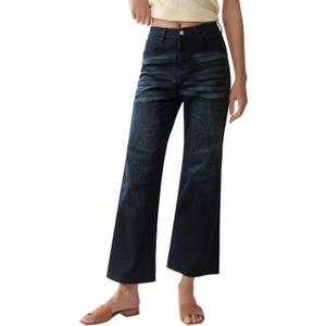 PEIHOT Wide Leg High Waisted Jeans for Women Trendy Stretchy Cropped Straight Leg Flare Jeans Frayed Hem Baggy Denim Pants (Black)