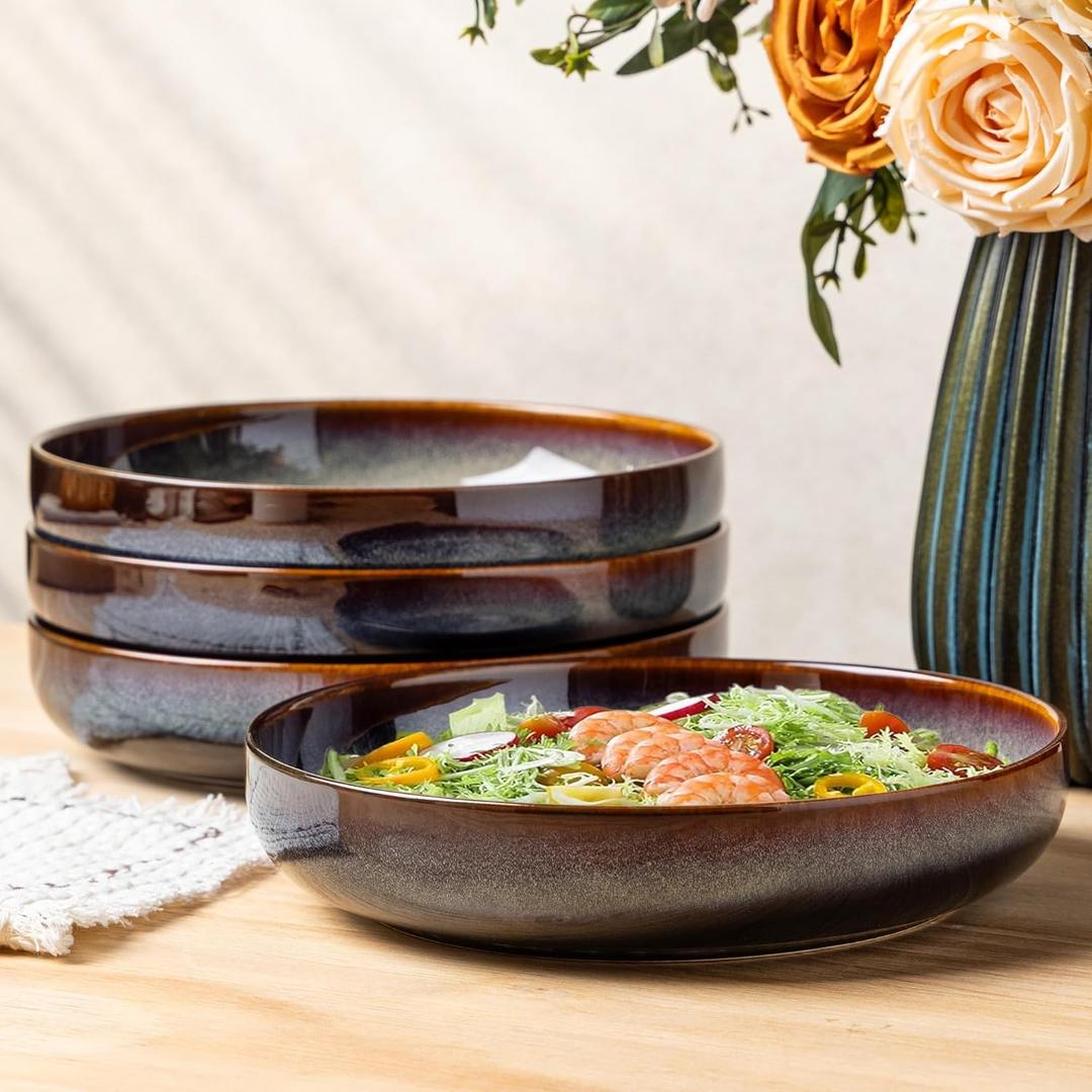 theterra 8.5'' Ceramic Pasta Bowls, Salad Bowls Set of 4, Stoneware Serving Bowls for Fruits, Noodle, Dinner, House-warming Wedding Present, Coca Mocha