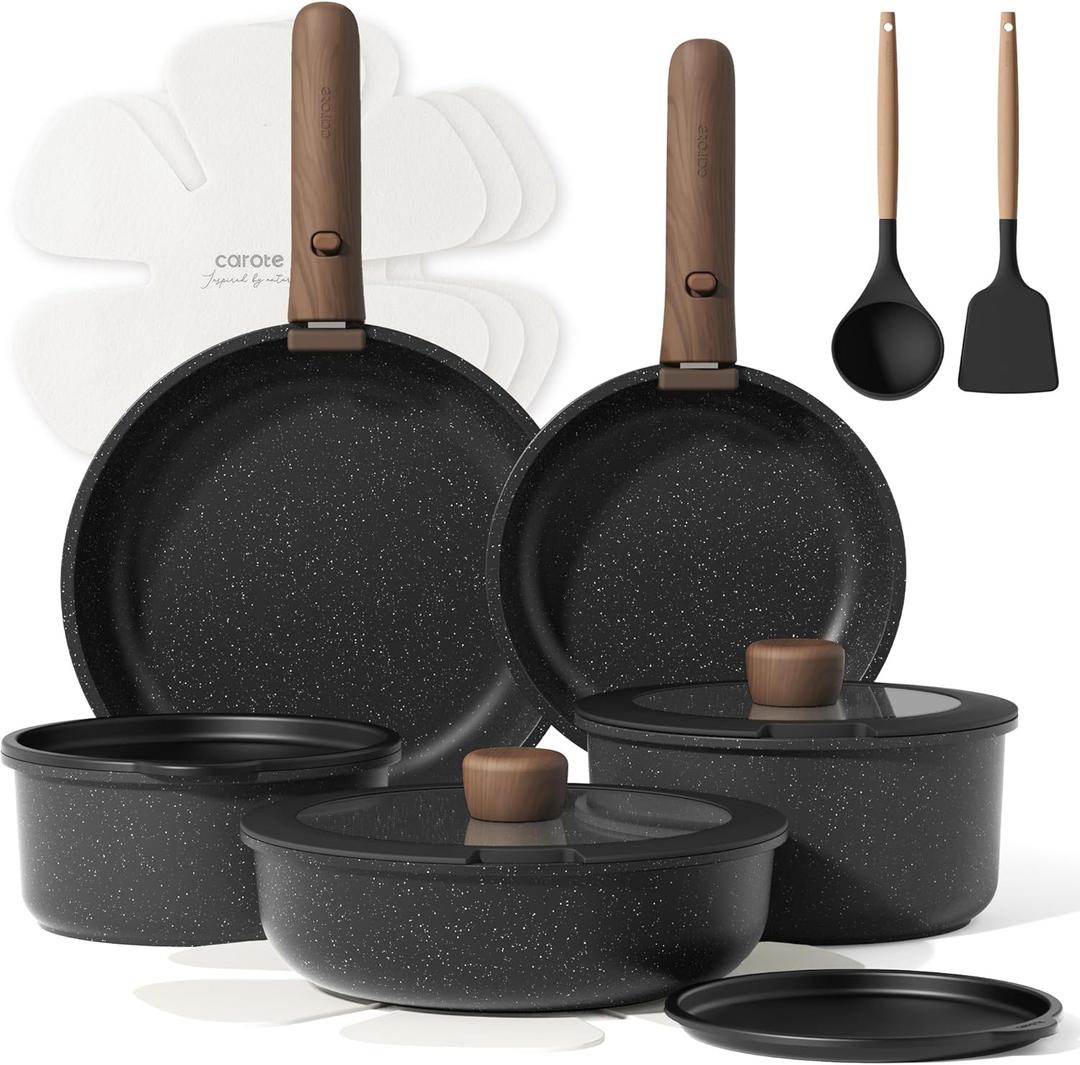 CAROTE 17pcs Pots and Pans Non Stick, Cookware Sets Detachable Handle, Induction Kitchen Pots and Pans,NonStick Cooking Set, Oven/Dishwasher/Fridge Safe, Space Saving (Black)