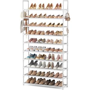 VTRIN 10 Tiers Shoe Rack Tall Large Capacity Wide Shoe Organizer Sturdy Shoe Shelf for Entryway with Two Hooks Metal Shoe Storage for Closet, Bedroom, White