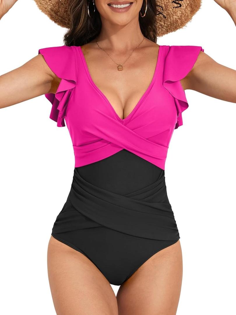 B2prity Women's One Piece Swimsuit Ruffle Slimming Tummy Control Bathing Suit Criss Cross High Waist 1 Piece Swimwear (X-Large, Hot Pink, Black)