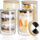 LIBWYS 4 Pack Overnight Oats Containers with Bamboo & Stainless Steel Lids, 15oz Meal Prep Jars - Double Walled High Borosilicate Glass jars for Overnight Oats, Chia Pudding Salad