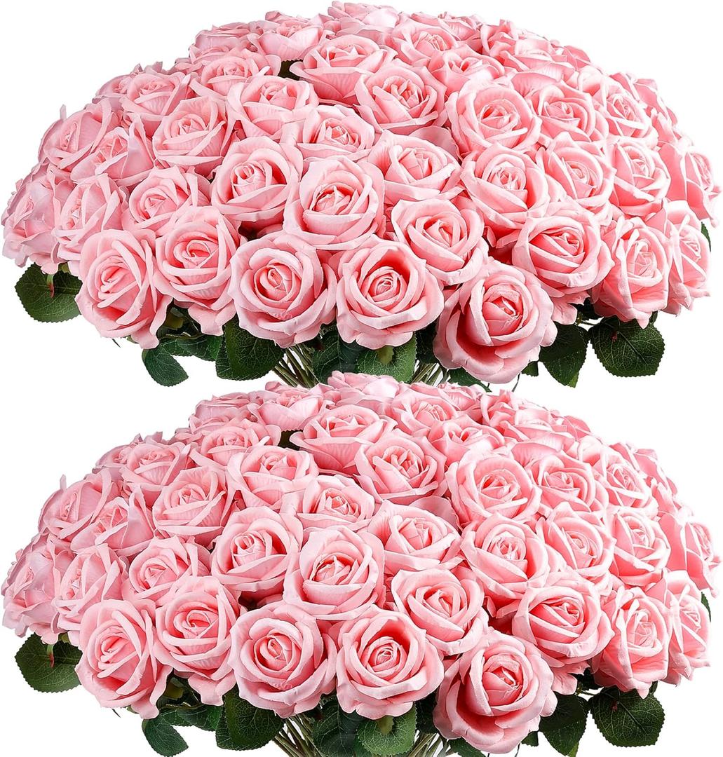 Auihiay 60PCS Pink Roses, Artificial Roses, Velvet Silk Fake Roses, Realistic Pink Artificial Flowers for Mother's Day, Wedding Centerpieces, Bridal Bouquets, Home Decor, Anniversary Decorations