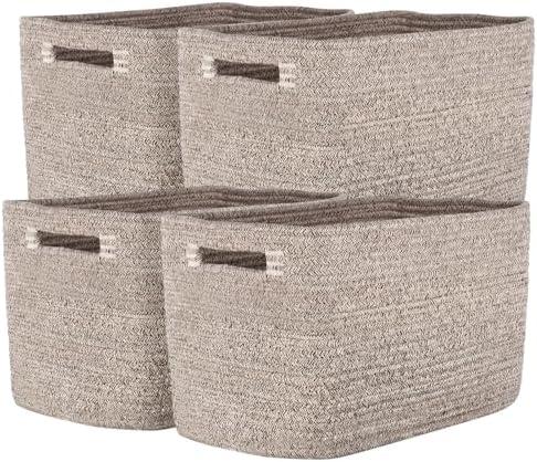 Storage Baskets for Organizing, 14 x 10 x 9” Closet Shelf Woven Baskets, Square Bins with Handles, Cotton Rope Basket for Clothes, Office, Room, Brown 4 Pack