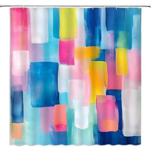 Colorful Watercolor Abstract Shower Curtain Blue Pink Teal Oil Painting Ombre Geometric Aesthetic Minimalist Modern Girls Women Bathroom Decor Curtain with Hooks,70Wx70L