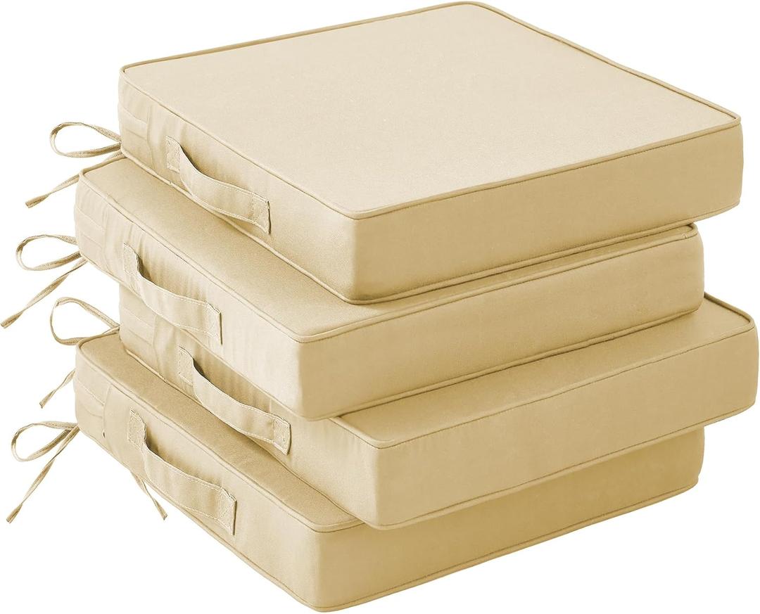 Patio Chair Cushions, 19" x 19" x 3" Outdoor Chair Cushions Set of 4, Waterproof Outdoor Cushions for Patio Furniture, Outdoors Seat Cushions Set of 4 with Handle and Ties, Light Khaki
