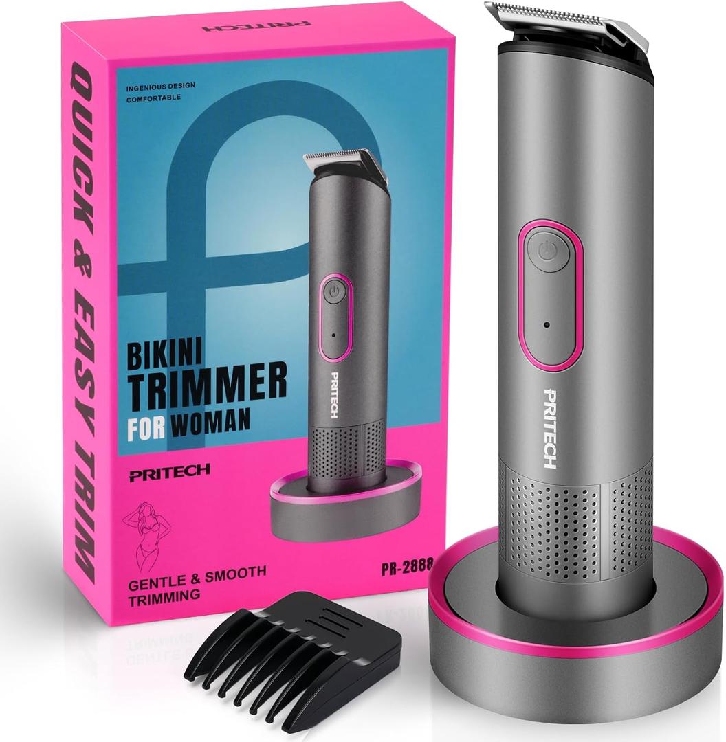 PRITECH Bikini Trimmer for Women - Rechargeable Pubic Hair Trimmer for Sensitive Skin, Wet&Dry Use, Pain-Free Electric Razor&Shaver with Standing Recharge Dock, Ideal Gift for Women, Slate Grey