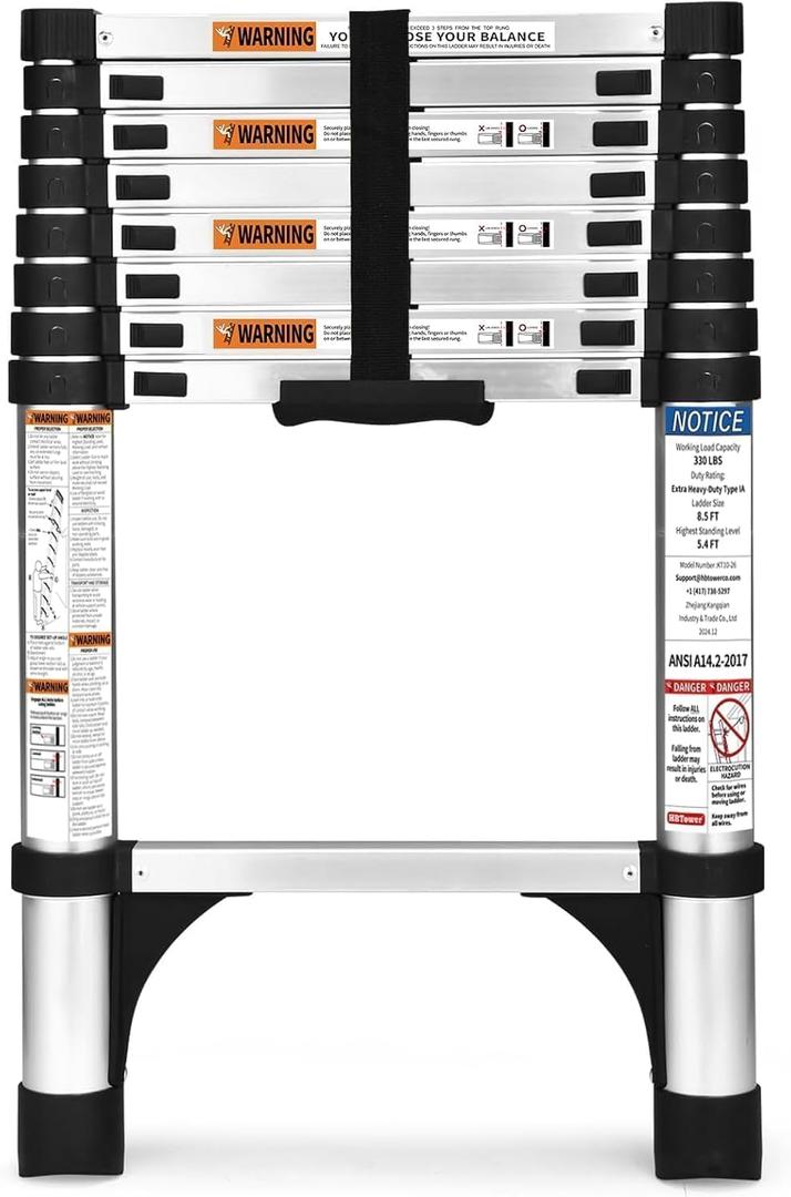 Soctone Telescoping Ladder 8.5 FT, Retraction Aluminum Extension Ladder with 2 Triangle Stabilizers, Multi-Purpose Ladder with Slow Down Design, 330lbs Max Capacity for House Daily Life