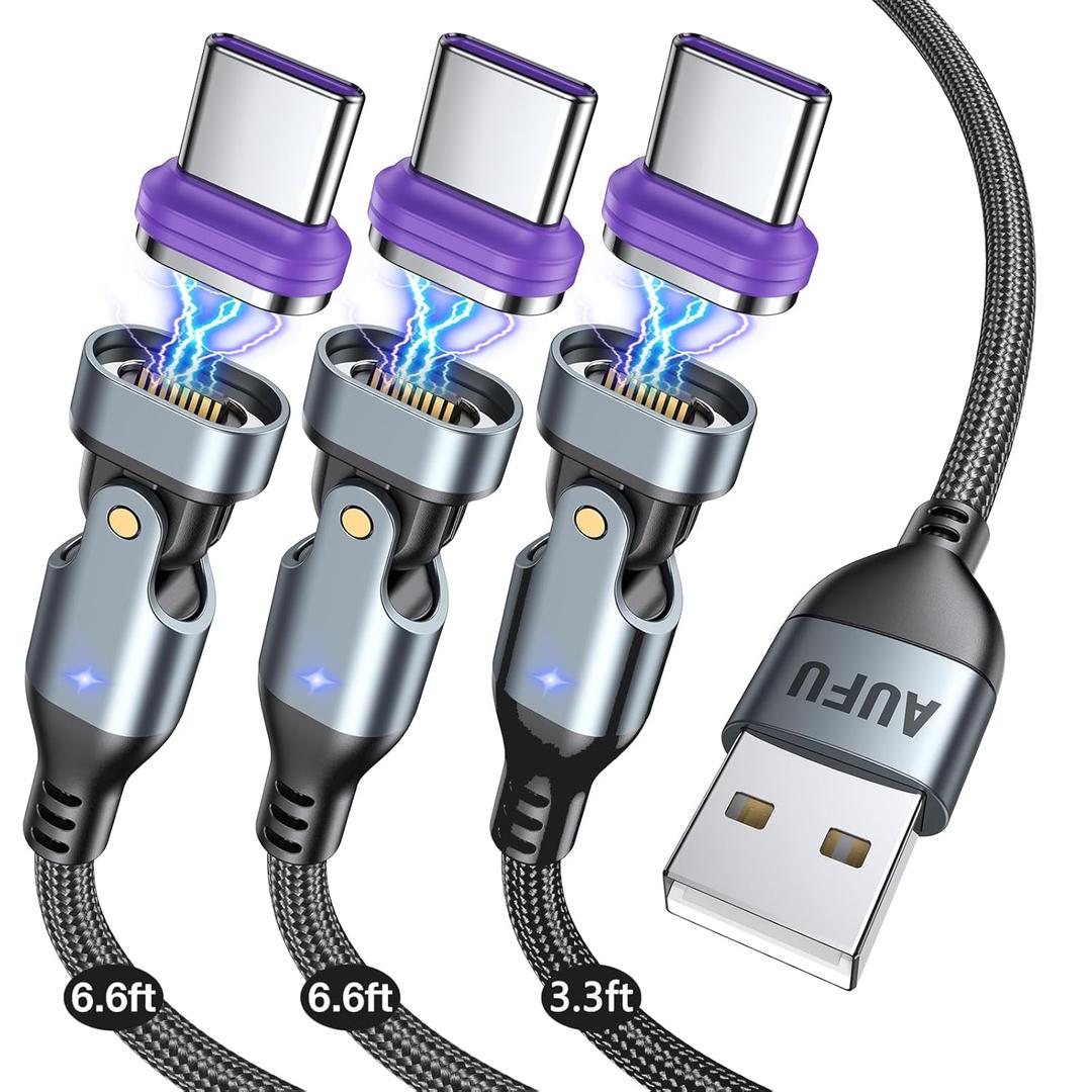 AUFU 16PIN USB C Magnetic Charging Cable (3Pack, 3.3/6.6/6.6ft), 180 Rotation Magnet Charger Cable/Magnetic USB C Cables/Magnet Phone Charger/Data Transfer Charging Cables for Phone/Tablet/Laptop (Silver Gray)