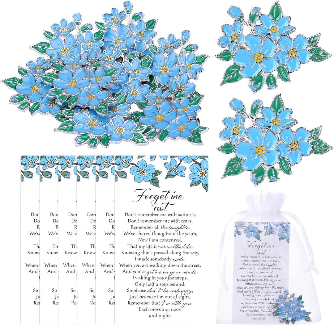 10 Sets Funeral Favors - Forget Me Not Memorial Pins with Poem Cards - Celebration of Life Remembrance Brooches - Bulk Sympathy Keepsakes for Guests, Customisable Tribute Gift