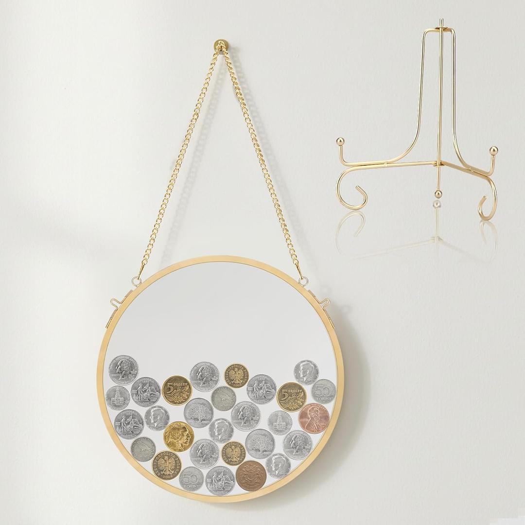 Ebrima Gold Glass Frame for Coin Display, Wall Hanging Coin Collecting Holders, Currency Dollar Bill Collection Supplies Holders for Collectors, Glass Piggy Bank (Round with bracket)