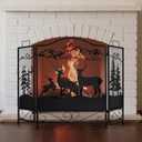 IRONWALLS 3-Panel Folding Fireplace Screens Stand Alone, 48"(L) x 32"(H) Wrought Iron Spark Guard Cover with Deer Pattern, Metal Mesh Arched Fire Place Screen Protector Fence for Brick Wood Fireplace
