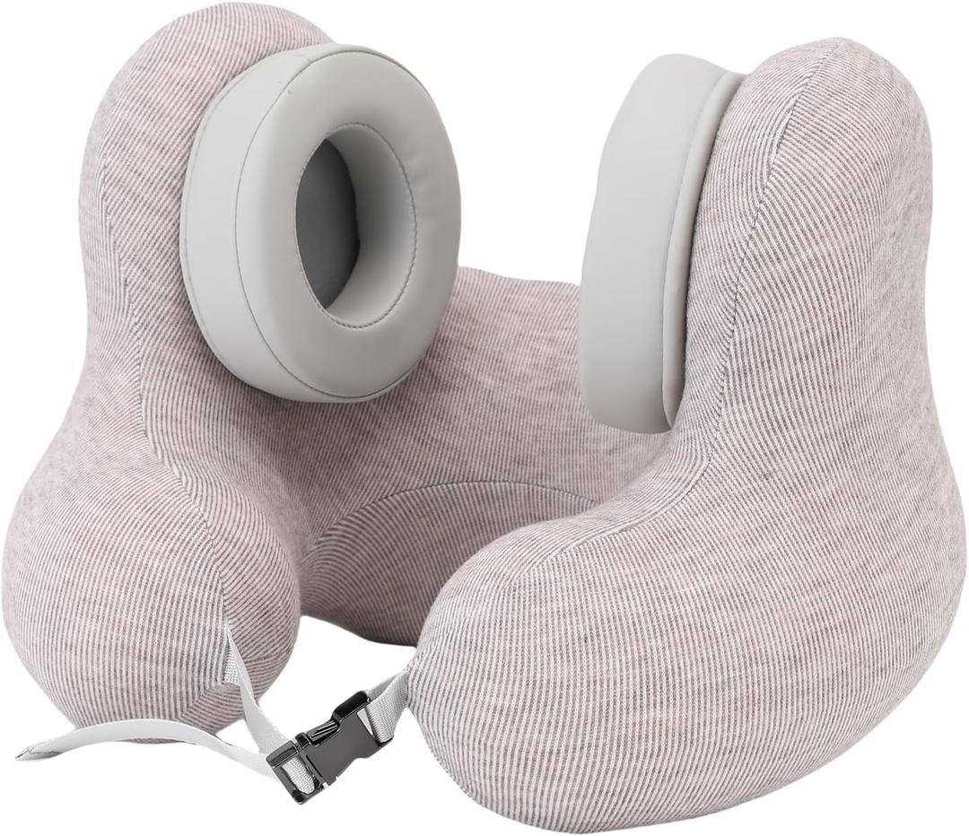 Travel Neck Pillow with Noise Reduction Ear Muffs, U Shape Airplane Pillow with Noise Cancelling Earmuffs, Neck Support Plane Pillow for Office High Speed Train Sleeping