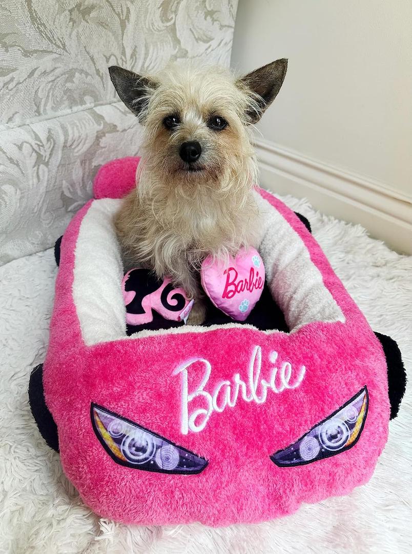 Barbie Plush Car Pet Bed- Themed Plush Pink Pet Bed for Dogs and Cats  Soft and Cozy Pet Bed with Barbie Pillow and Car Design