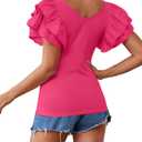 Vrtige Women's V Neck Ruffle Cap Sleeve Summer Blouse Top Shirt (Pink, S)