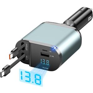 69W Retractable Car Charger, 4-in-1 Type C Fast Car Charger with 2.6ft Retractable Cables, USB C & USB A Ports, Compatible with iPhone 16/15/14/13/12/11, Galaxy, Pixel, Samsung (Grey)