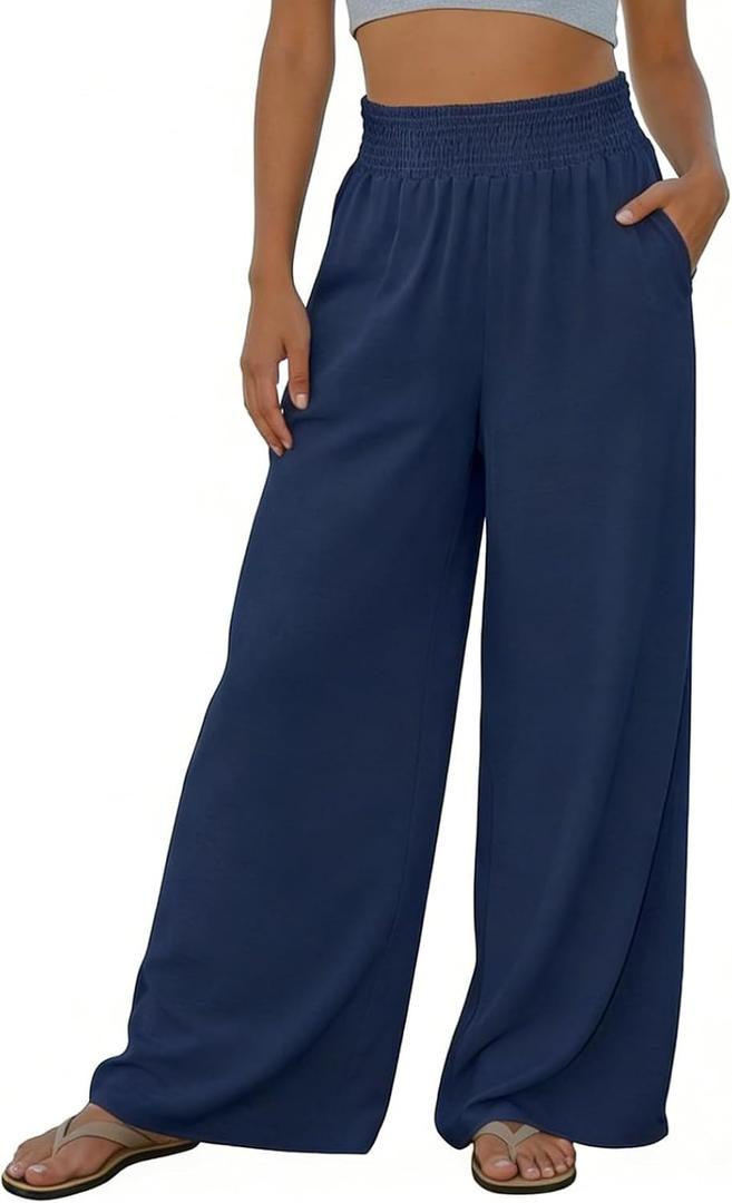 Women Linen Wide Leg Pants High Waisted Smocked Elastic Waist Palazzo Pants Lightweight Beach Travel Pants Navy Blue, Medium