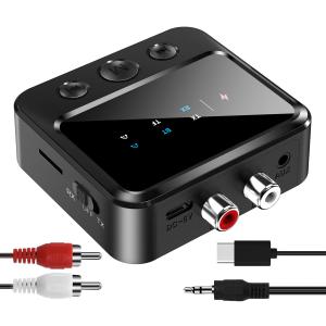Bluetooth Transmitter for Airplane,Wireless BT 5.4 Transmitter Receiver 2 in1, Bluetooth Aux Adapter for Car 3.5mm Audio RCA Support Play TF Card, Black