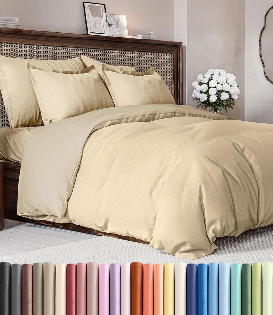 Duvet Cover Full Size Set - Extra Soft Full Duvet Cover 80" x 90" with 2 Pillow Shams - Hotel Luxury, Easy Care & Fade Free with Zipper Closures & Ties - All Season, Comfy & Breathable (Heathered Tan)