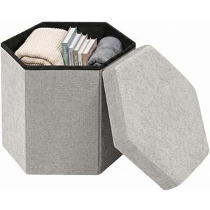 Hexagon Storage Ottoman, 15 Inch Foldable Footstool, Oat Gray | Plush Chenille Upholstery, Hidden Storage, Compact Footrest, Small Accent Ottoman for Entryway, Living Room and Dorm