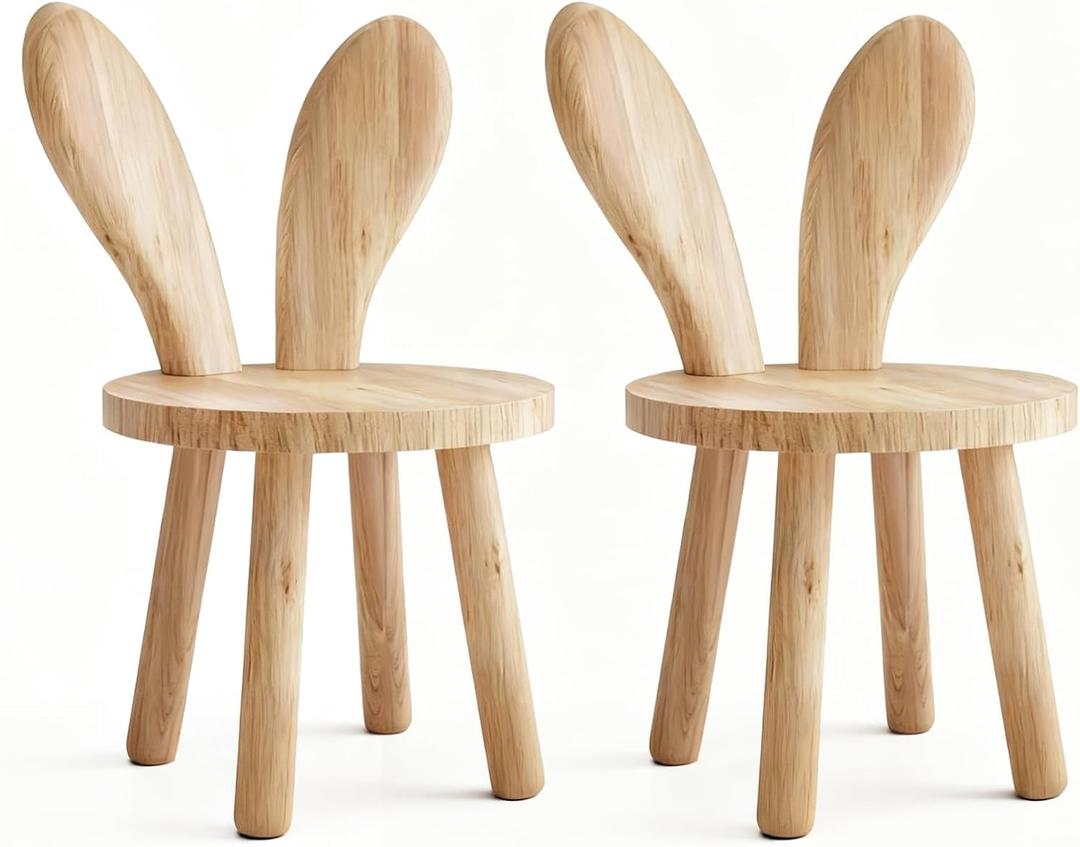 Bunny Chair for Ages 1.5-4 - Small Toddler Wooden Chair with 9.25" Seat Height, Solid Wood Rabbit Stool for Nursery, Playroom & Low Tables, Mini Kids Furniture - 2 Pack