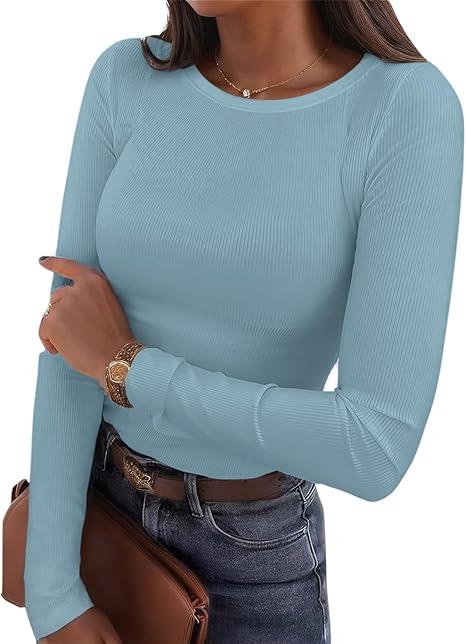 Women's Ribbed Long Sleeve Shirts Slim Fit Stretch Crewneck Basic Casual Tunic Tops, Blue, L